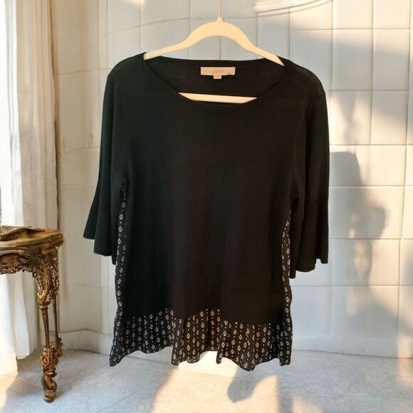 LOFT Black Flutter Sleeve Top with Geometric Print Detail Casual wool blend‎ med - Picture 1 of 7